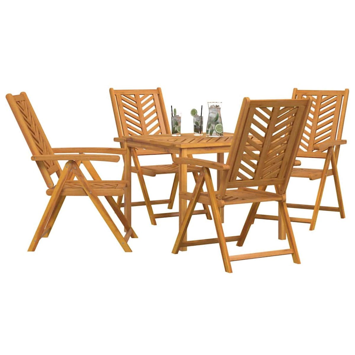Holz-Terrassenset mit vier Stühlen, einem Tisch und Getränken. Stühle haben gemusterte Rückenlehnen. Getränke haben Limettenscheiben und Strohhalme.