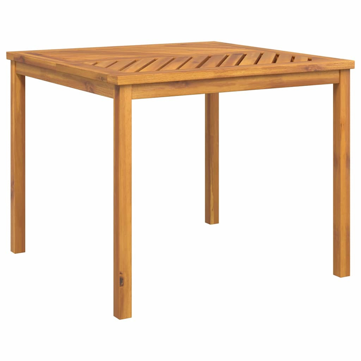 Ein quadratischer Holztisch mit vier Beinen. Die Tischplatte hat ein Lattenrost-Design. Das Holz hat eine natürliche, hellbraune Farbe.