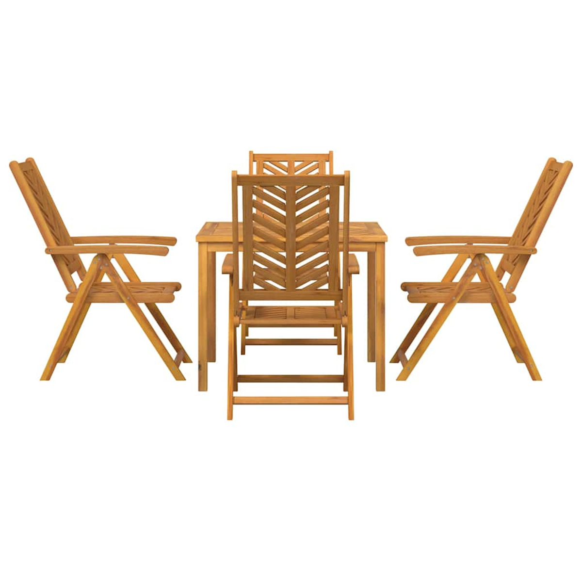 Gartenmöbel-Set aus Holz: ein Tisch und vier Stühle. Die Stühle sind klappbar. Alle Möbel sind aus Holz gefertigt.