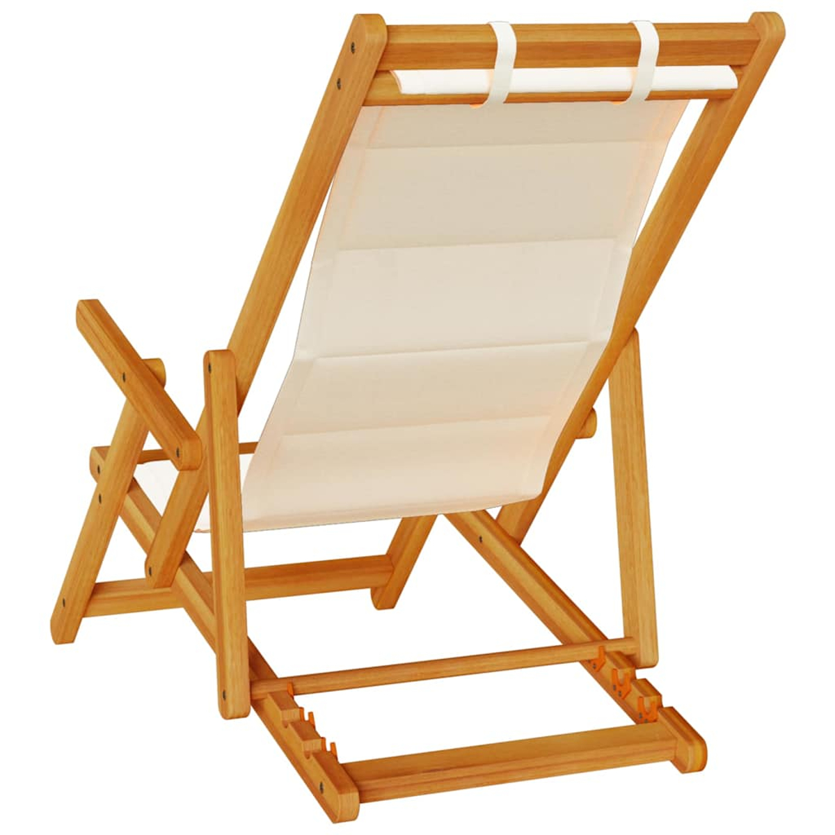 Holz-Liegestuhl, Rückansicht. Beiger Segeltuchsitz, hellbrauner Holzrahmen. Weiße Riemen oben. Faltbares Design.