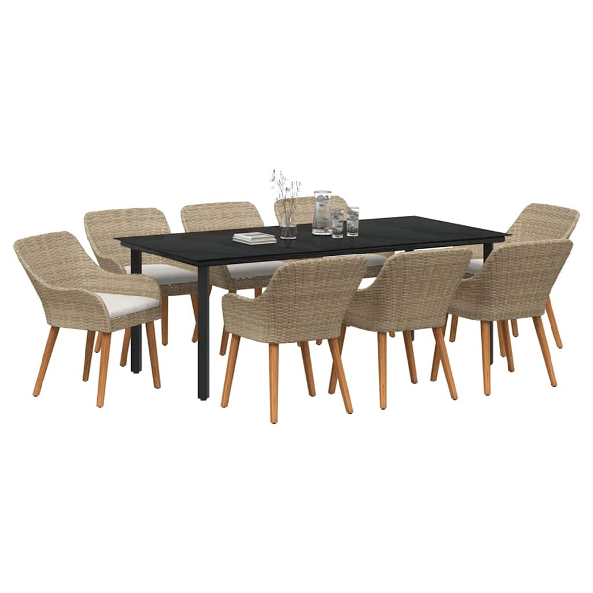 Essgruppe mit schwarzem Tisch und acht Korbstühlen. Eine Vase mit Blumen und Getränken stehen auf dem Tisch. Weißer Hintergrund.