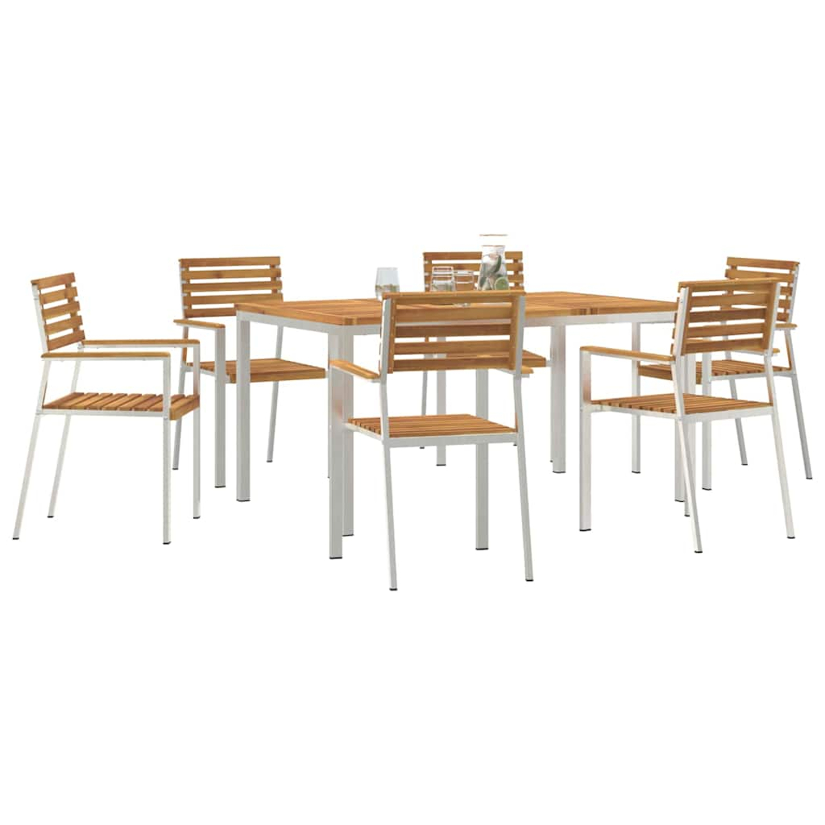 Ein Holztisch mit sechs Stühlen. Die Stühle haben eine Holzlehne und -sitz mit Metallrahmen. Auf dem Tisch stehen Gläser.