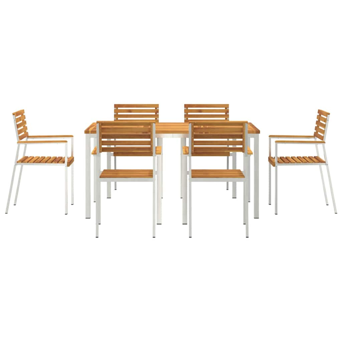 Ein Holztisch mit sechs Stühlen. Die Stühle haben weiße Metallrahmen und Sitzflächen sowie Rückenlehnen aus Holz. Die Kulisse ist vor einem weißen Hintergrund.