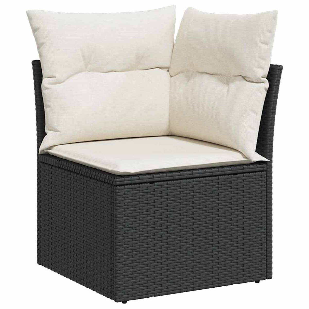 Ein schwarzer Outdoor-Stuhl mit weißen Kissen. Der Stuhl hat ein Sitz- und Rückenkissen und ein Eckdesign.