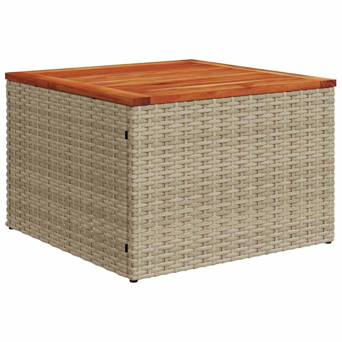 Quadratischer Korbtisch mit Holzplatte. Das Geflecht ist beige und die Oberseite ist rotbraun. Der Tisch hat kurze schwarze Füße.
