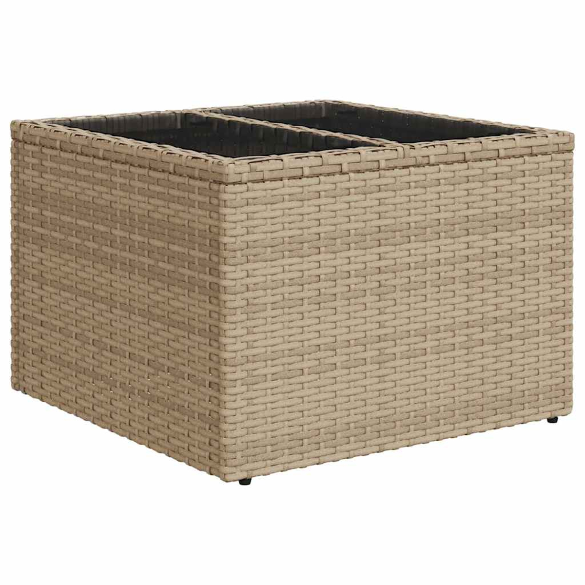 Eine quadratische, beige Korb-Aufbewahrungsbox. Die Oberseite hat vier dunkle Fächer. Die Box steht auf weißem Hintergrund.