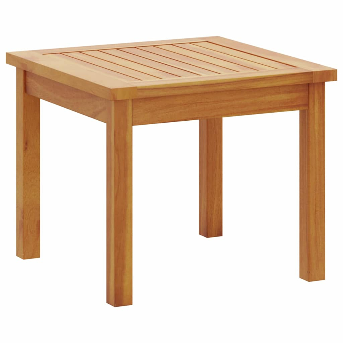 Ein kleiner, quadratischer Holztisch mit vier Beinen. Der Tisch ist hellbraun und hat eine Lattenoberseite. Isoliert auf Weiß.