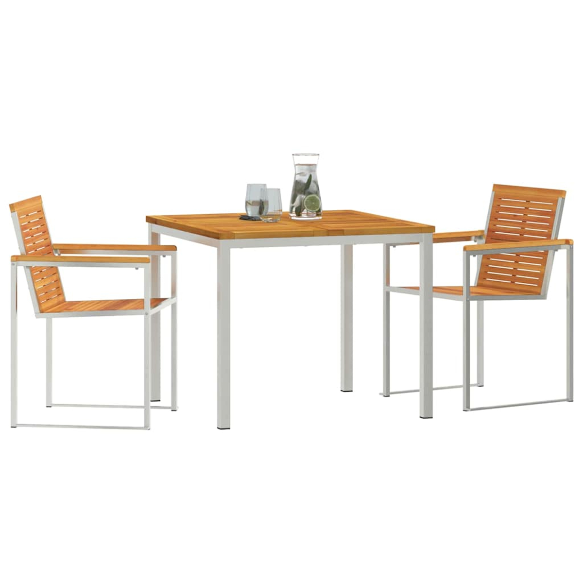 Ein quadratischer Holztisch mit zwei Stühlen, Gläsern und einem Krug mit Zitronenscheiben. Weißer Rahmen und Holzsitz.