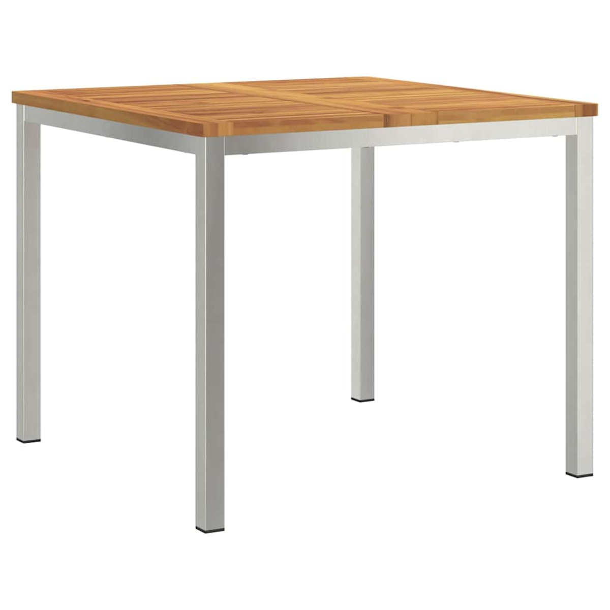 Ein quadratischer Outdoor-Tisch mit Holzplatte und silbernen Metallbeinen. Der Tisch ist leer und vor weißem Hintergrund.