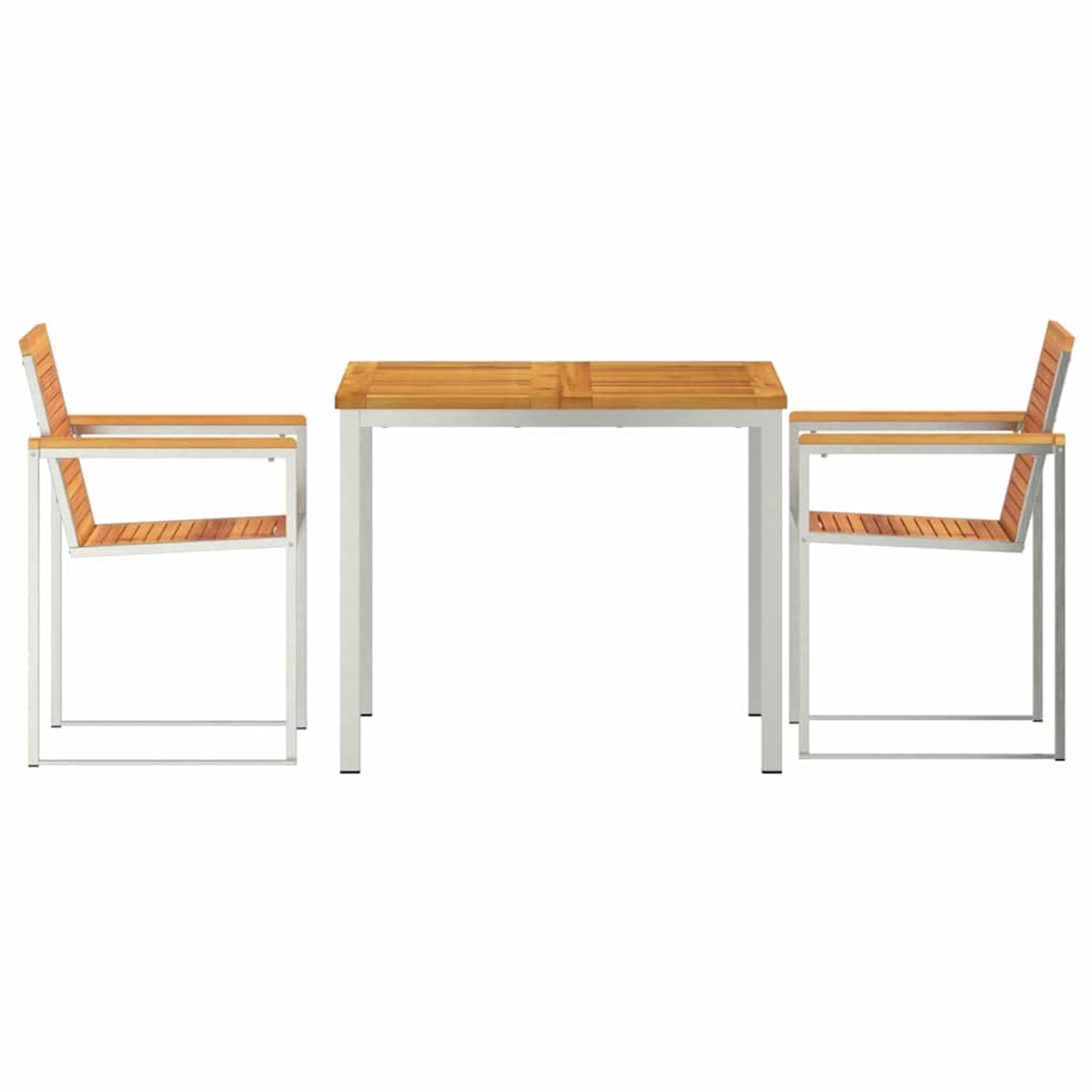 Ein Tisch und zwei Stühle vor weißem Hintergrund. Tisch und Stühle haben ein weißes Metallgestell und Sitze und Tischplatte aus Holz.