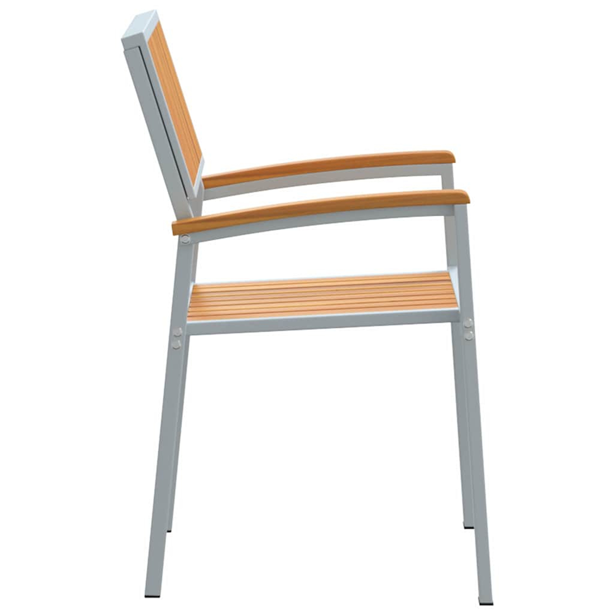 Seitenansicht eines modernen Stuhls. Er hat ein silbernes Gestell, Sitz- und Rückenlehnen aus Holzlatten und Armlehnen aus Holz.