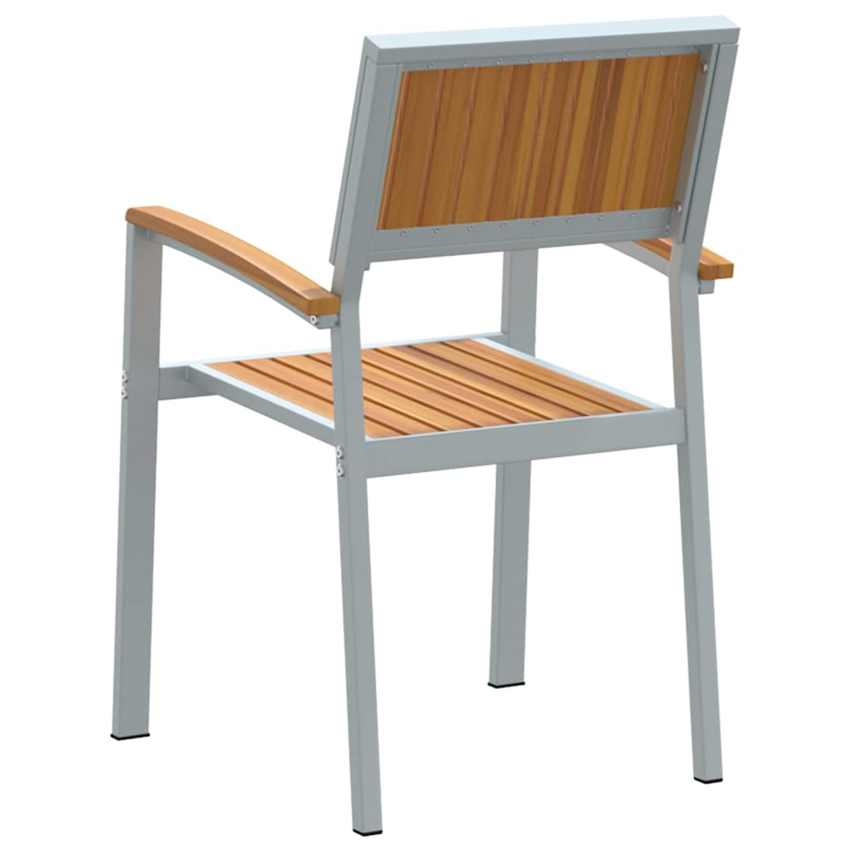Ein Stuhl mit Holzrücken und -sitz und grauem Metallrahmen. Der Stuhl wird von hinten gesehen.