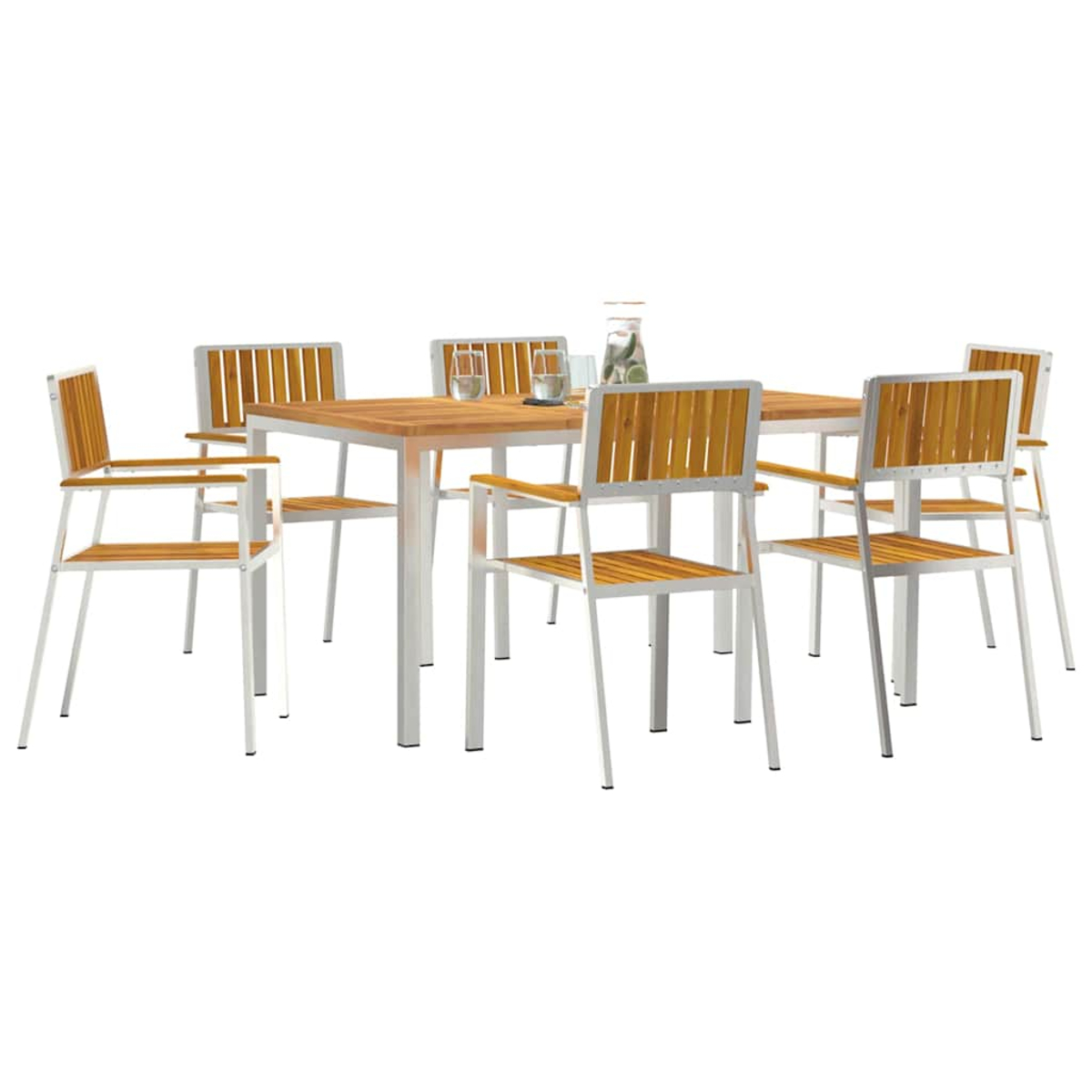 Ein Holztisch mit sechs Stühlen. Die Stühle haben Holzlehnen und -sitze mit weißen Metallrahmen. Zwei Gläser und ein Glas auf dem Tisch.
