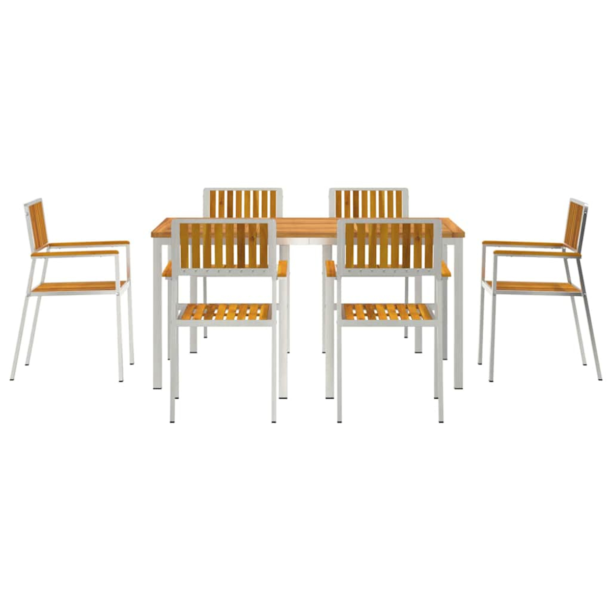 Ein Holztisch mit vier Stühlen drumherum. Die Stühle haben ein weißes Gestell und Holzlatten.
