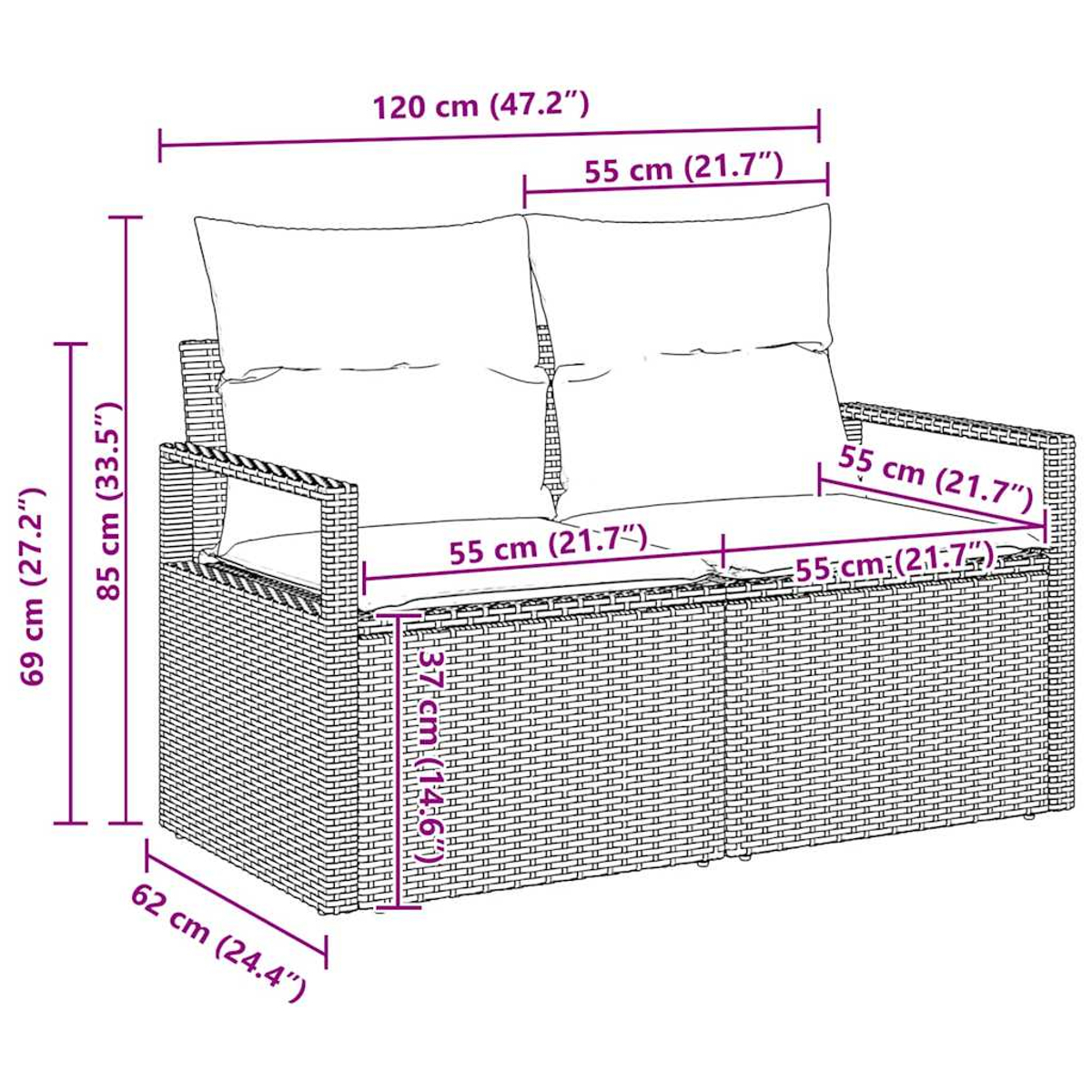 Ein Diagramm eines zweisitzigen Korbssofas mit Maßen in Zentimetern und Zoll.