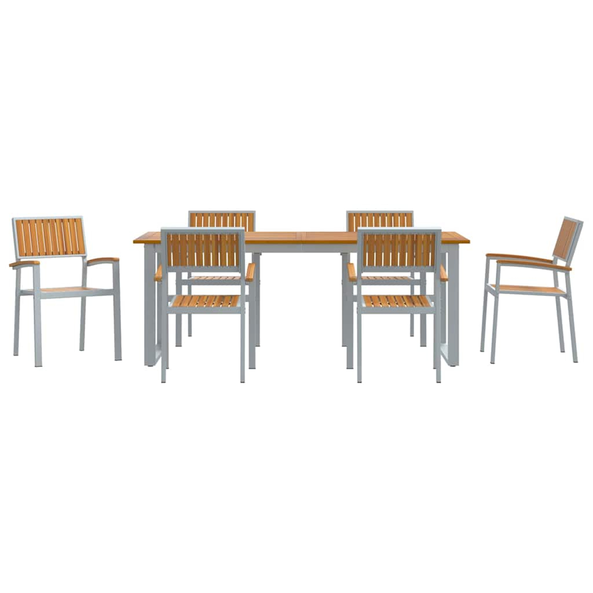 Ein Holztisch mit sechs passenden Stühlen. Die Stühle bestehen aus Holz und Metall mit Armlehnen. Weißer Hintergrund.