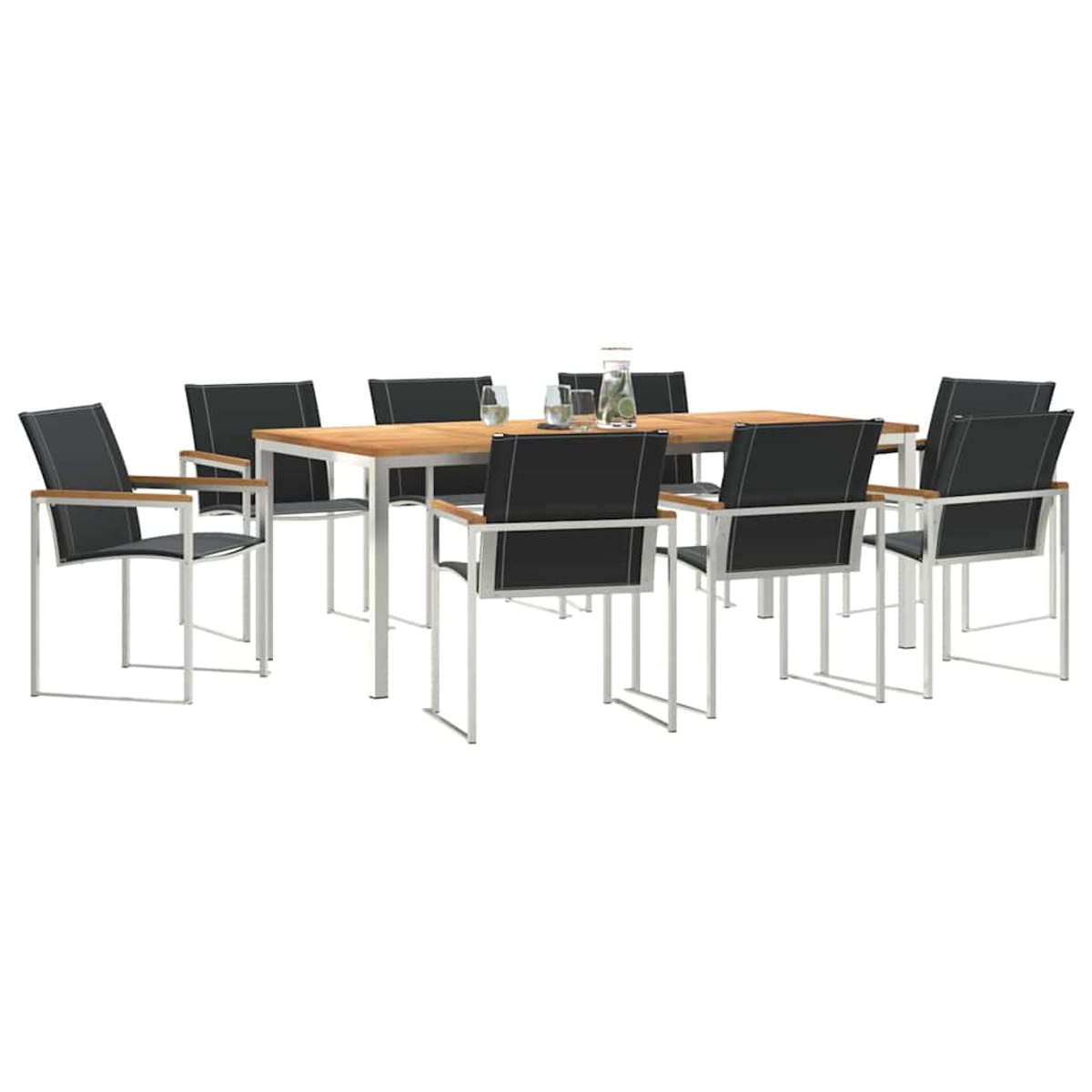 Un juego de comedor al aire libre con mesa de madera, sillas metálicas con asientos negros y vasos con una jarra de agua sobre la mesa.