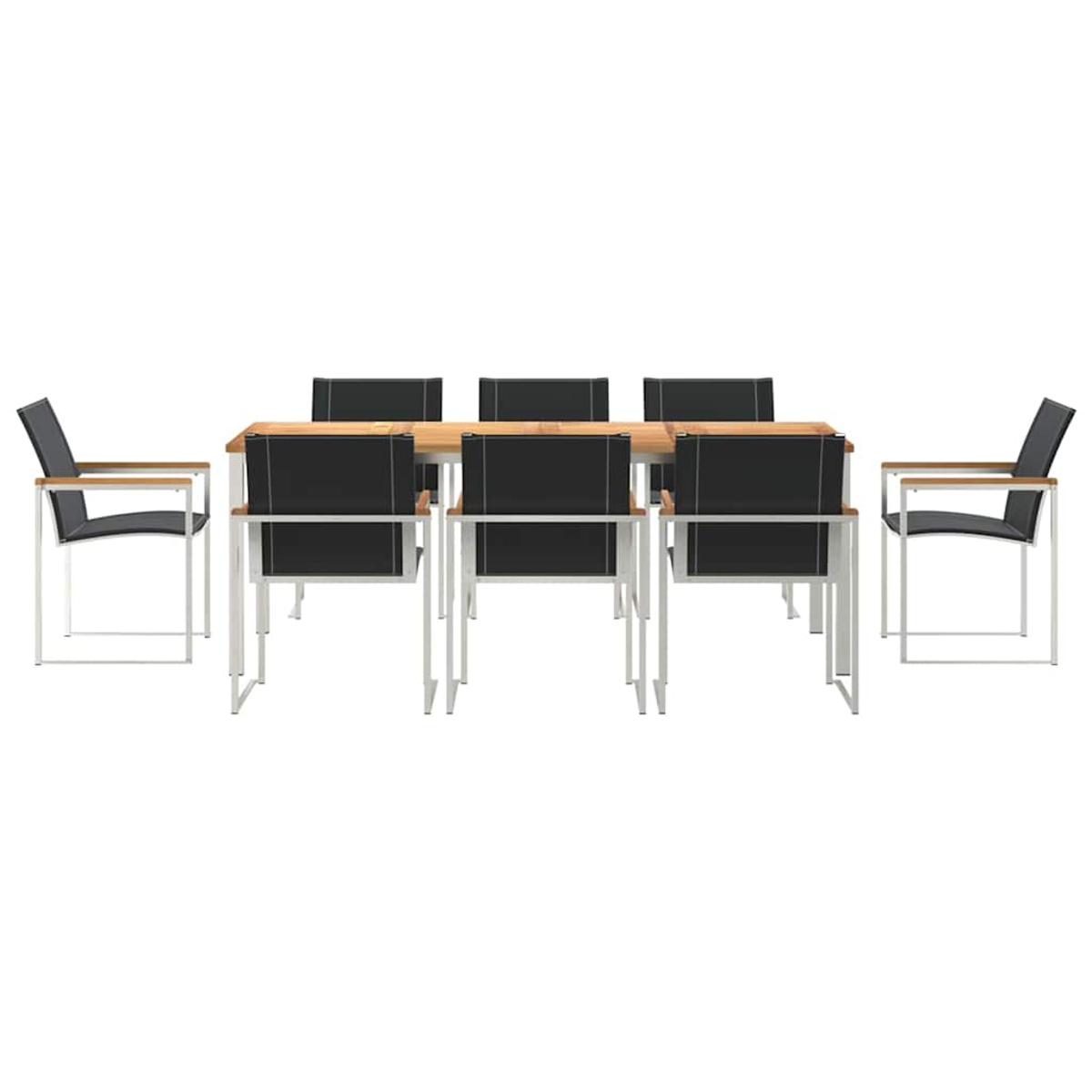 Una mesa rectangular de madera rodeada de seis sillas con asientos negros y marcos blancos, y dos sillones. Todo sobre un fondo blanco.