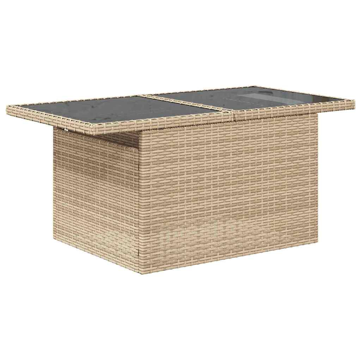 Ein rechteckiger Korbtisch mit Glasplatte. Die Basis ist aus gewebtem beigem Material. Die Oberseite ist in zwei dunkelgraue Glasplatten unterteilt.