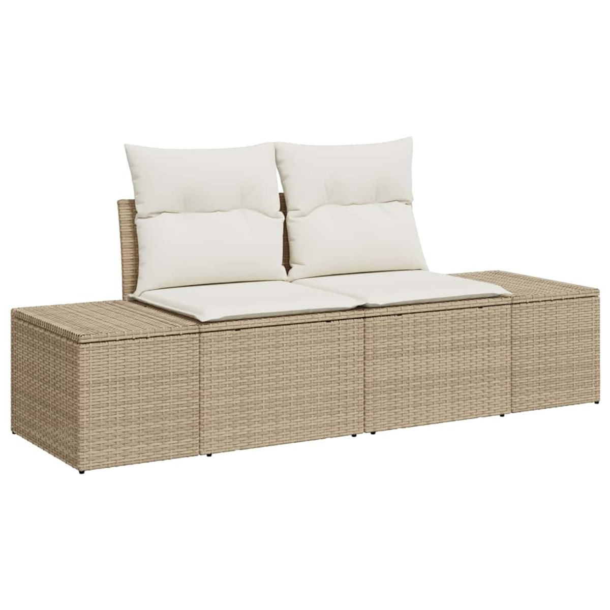 Un divano in vimini beige con due cuscini e schienali bianchi. È un design modulare e si trova su sfondo bianco.