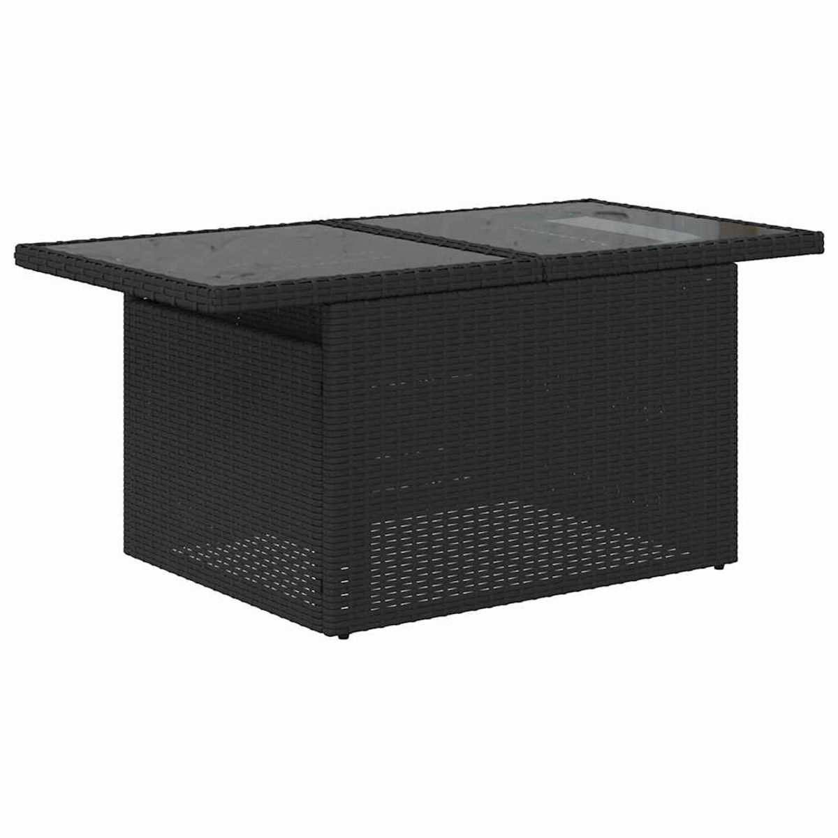 Ein schwarzer rechteckiger Korbtisch mit Glasplatte. Der Tisch steht auf weißem Hintergrund. Die Platte hat zwei Abschnitte.