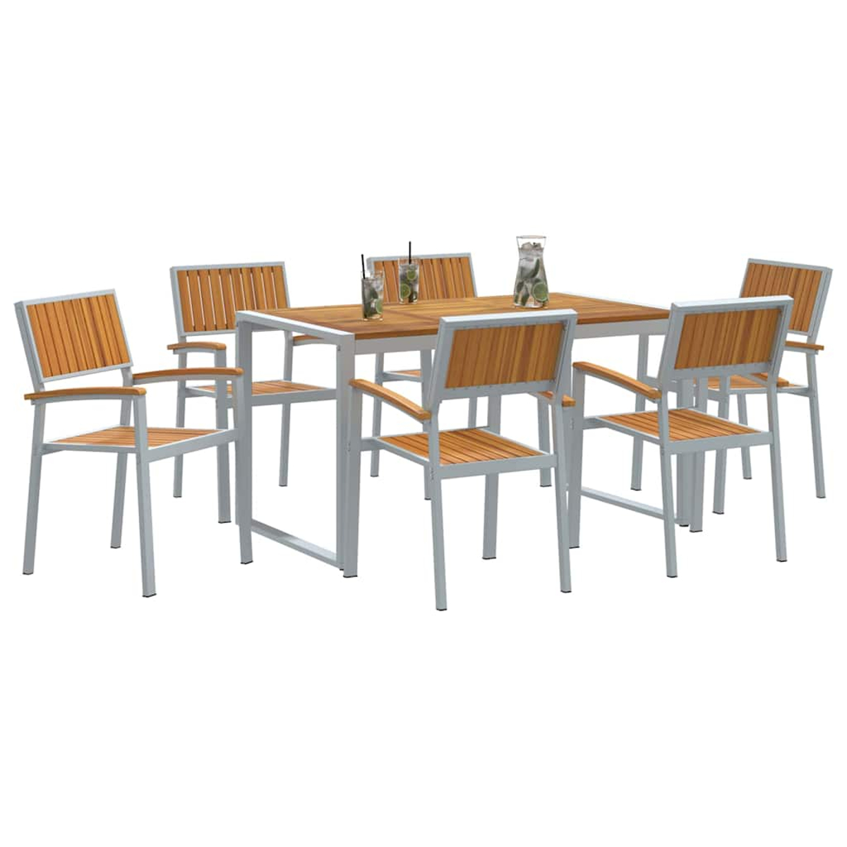 Ein Holztisch mit sechs Stühlen. Jeder Stuhl hat Holzlatten auf Sitz und Rücken. Auf dem Tisch stehen Getränke.