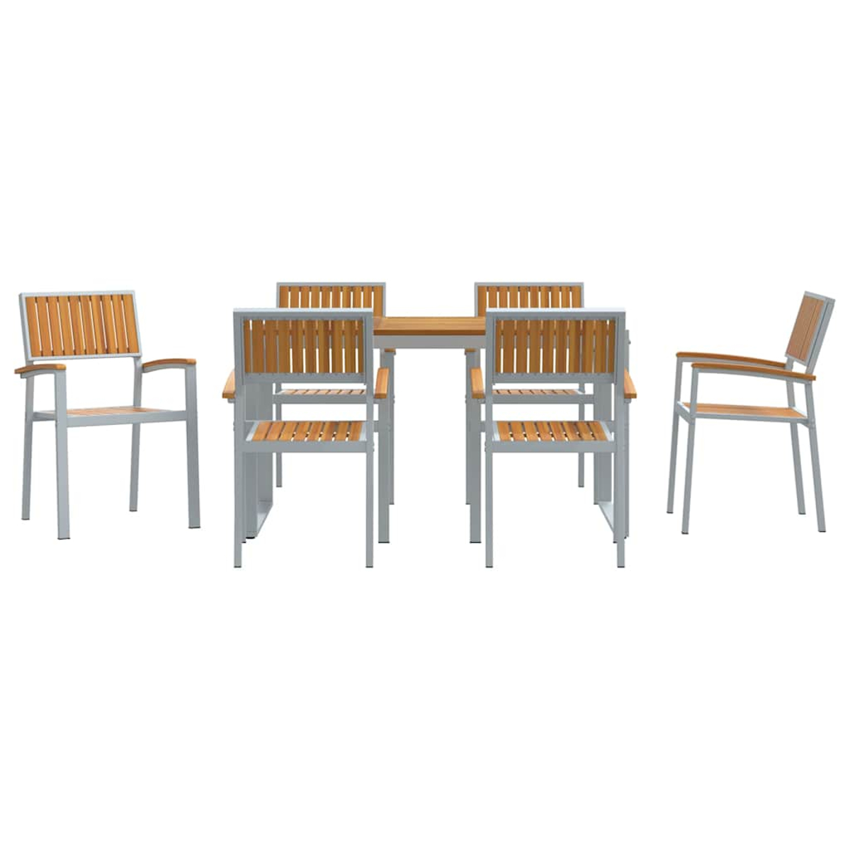 Ein Ess-Set mit einem Holztisch und vier Stühlen. Die Stühle und der Tisch haben eine Holzplatte und silberne Metallrahmen.