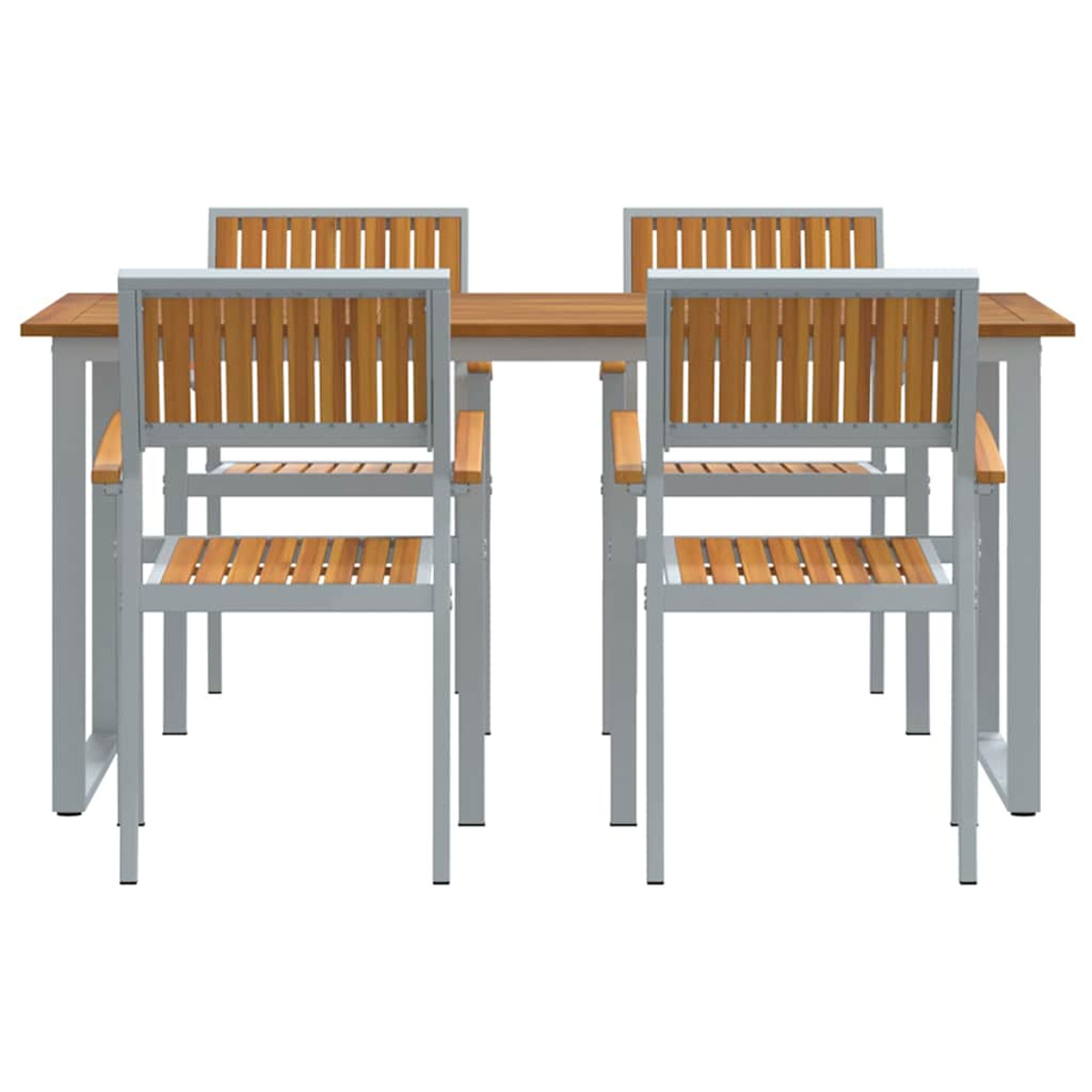 Ein Holztisch mit vier Stühlen. Die Stühle haben Holzlatten auf Sitz und Rücken. Der Tisch hat eine Holzplatte und Metallbeine.