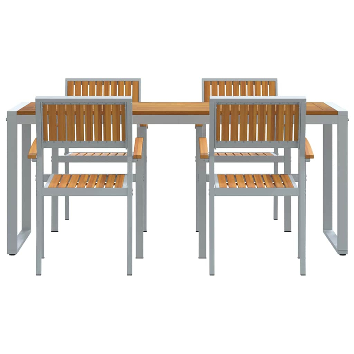 Una mesa rectangular de madera con cuatro sillas. La mesa y las sillas tienen marcos grises claros con listones de madera para asientos y respaldos.