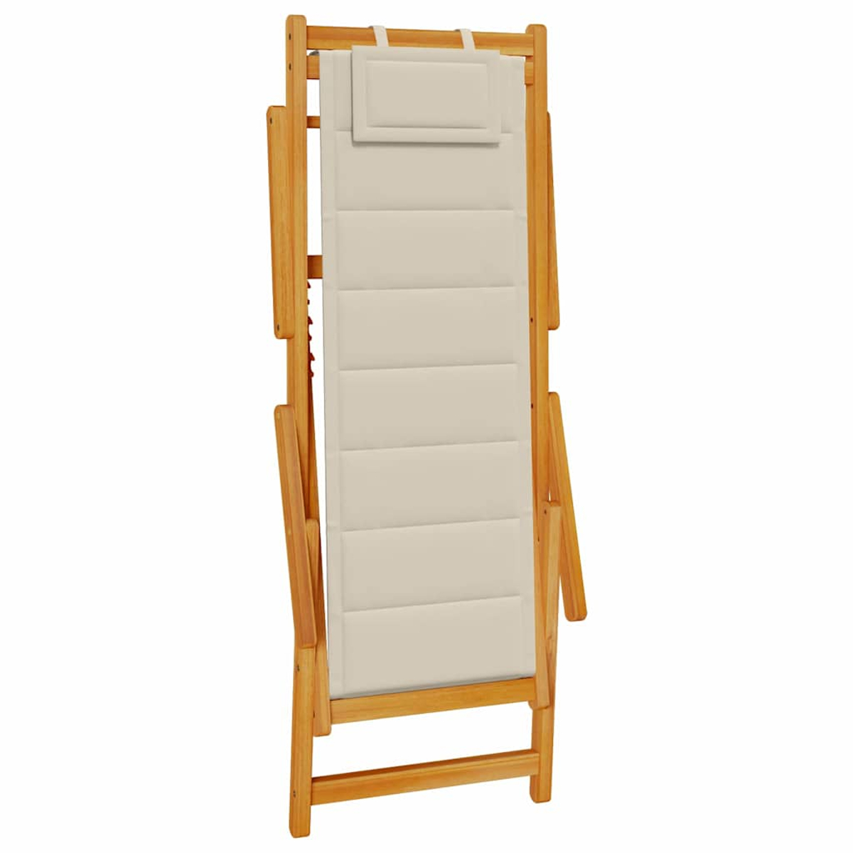 Tumbona de madera plegable con cojín beige. Tiene reposacabezas y múltiples secciones. El marco es marrón claro, sobre fondo blanco.