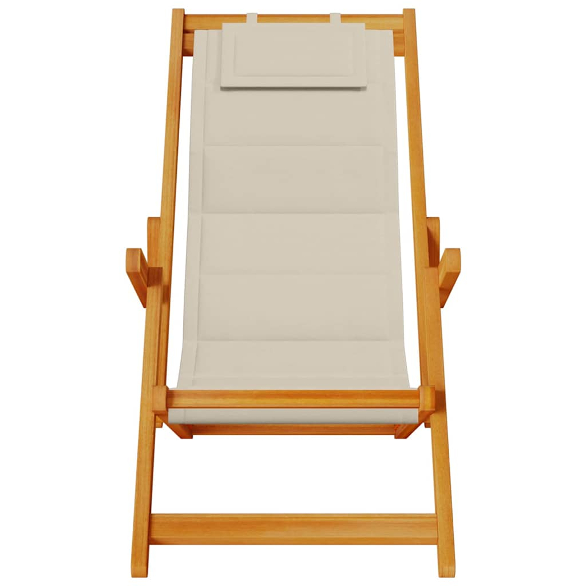 Silla de cubierta de madera con tela beige. La silla está vacía y se encuentra sobre un fondo blanco, vista directamente desde el frente.