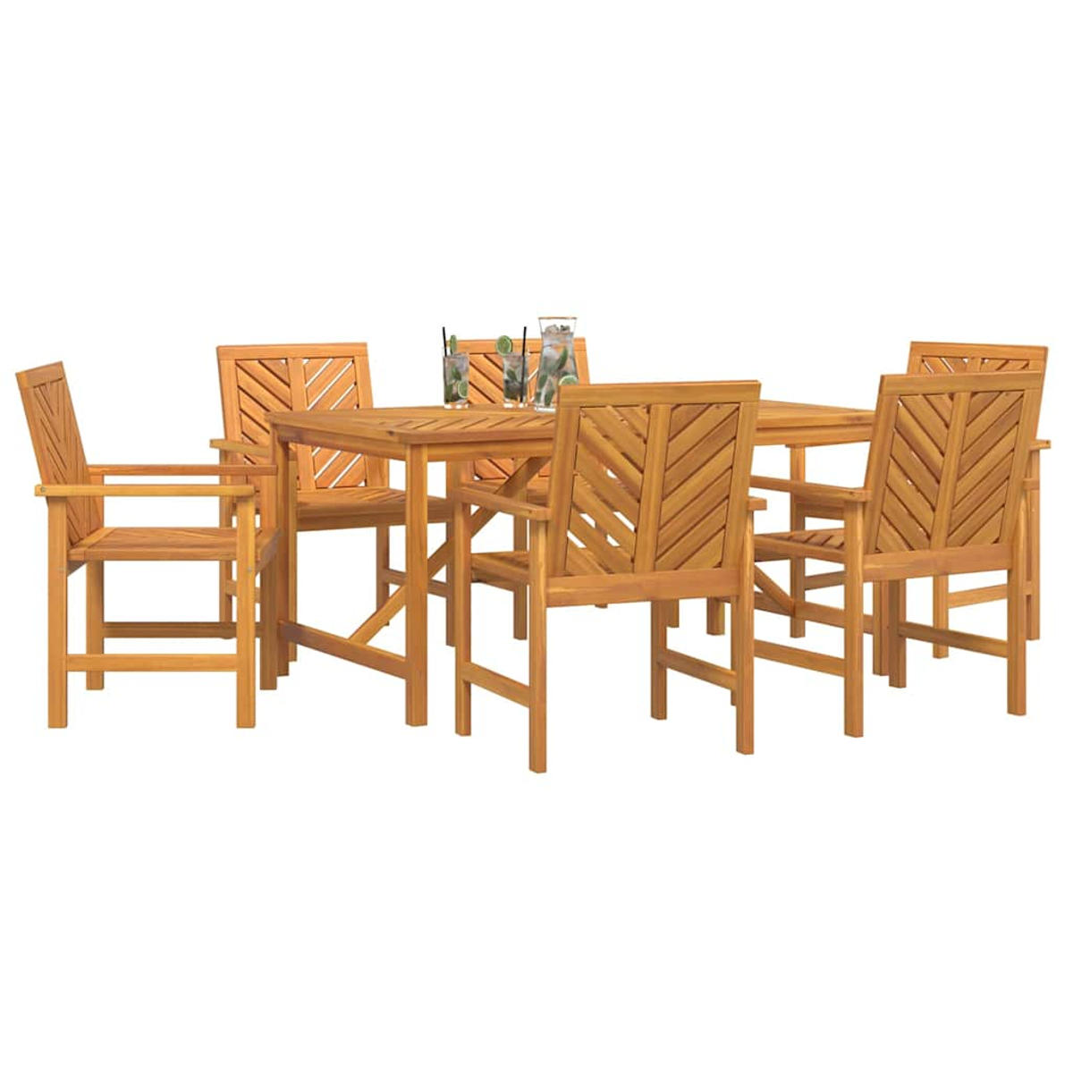 Holz-Essgruppe im Freien mit Tisch, Stühlen und Getränken auf dem Tisch. Das Set steht auf weißem Hintergrund.