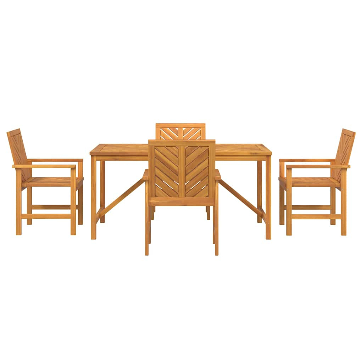 Ein hölzernes Esszimmerset für den Außenbereich mit einem rechteckigen Tisch und vier Stühlen. Die Stühle haben Armlehnen und ein Fischgrätendesign.