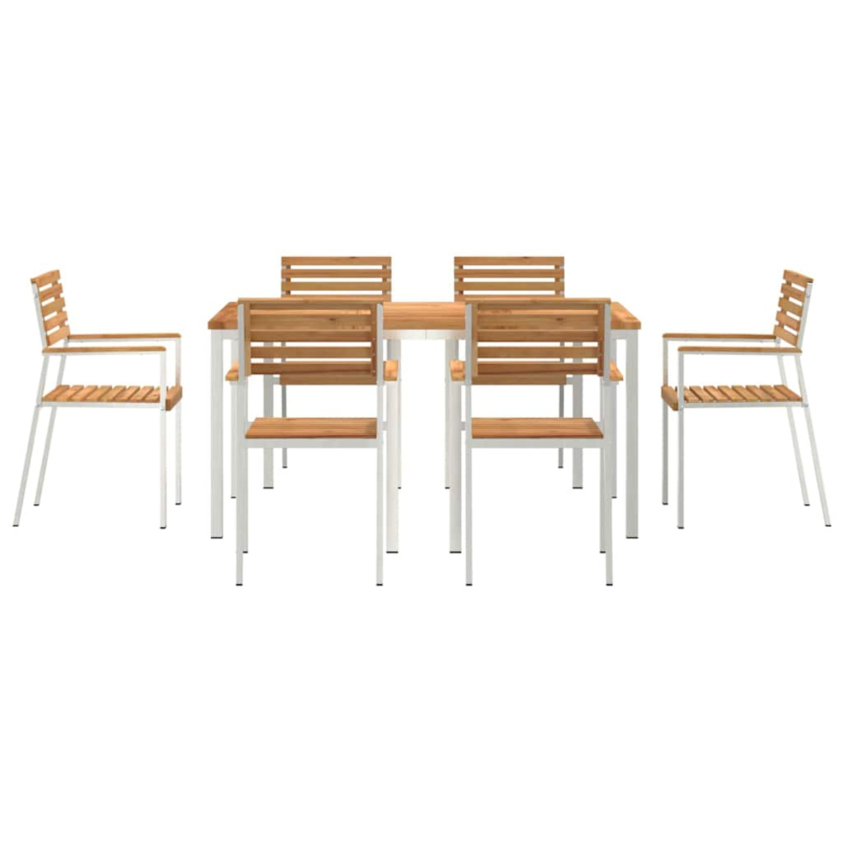 Una mesa de madera con cuatro sillas sobre un fondo blanco. Las sillas y la mesa tienen un diseño moderno con marcos de metal.