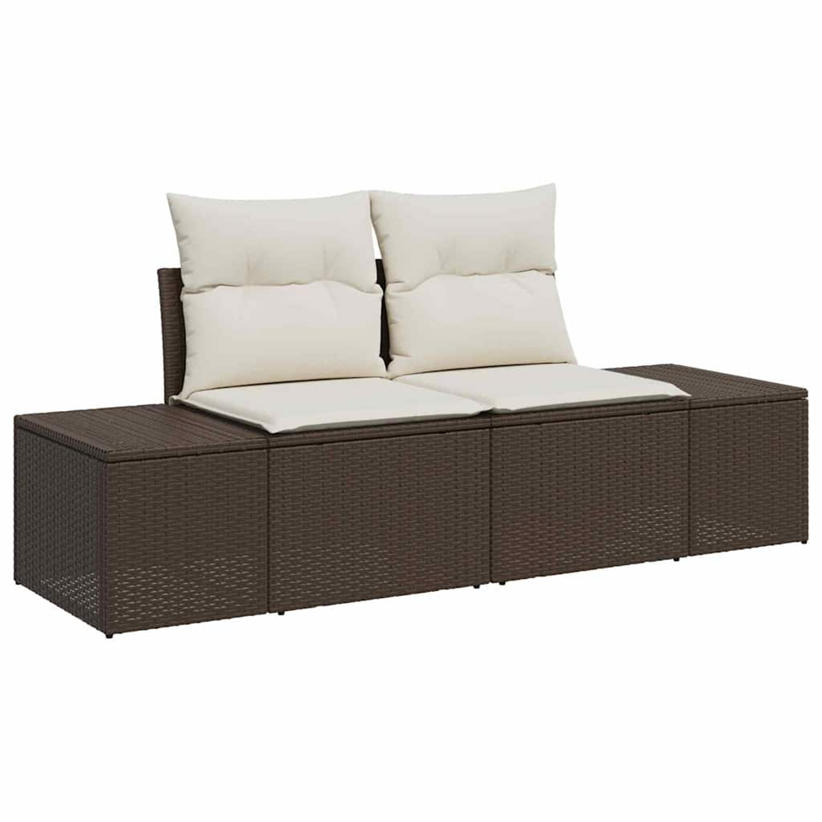 Un divano da esterno in vimini marrone con due cuscini color crema. Il divano è in materiale tessuto ed è rettangolare.