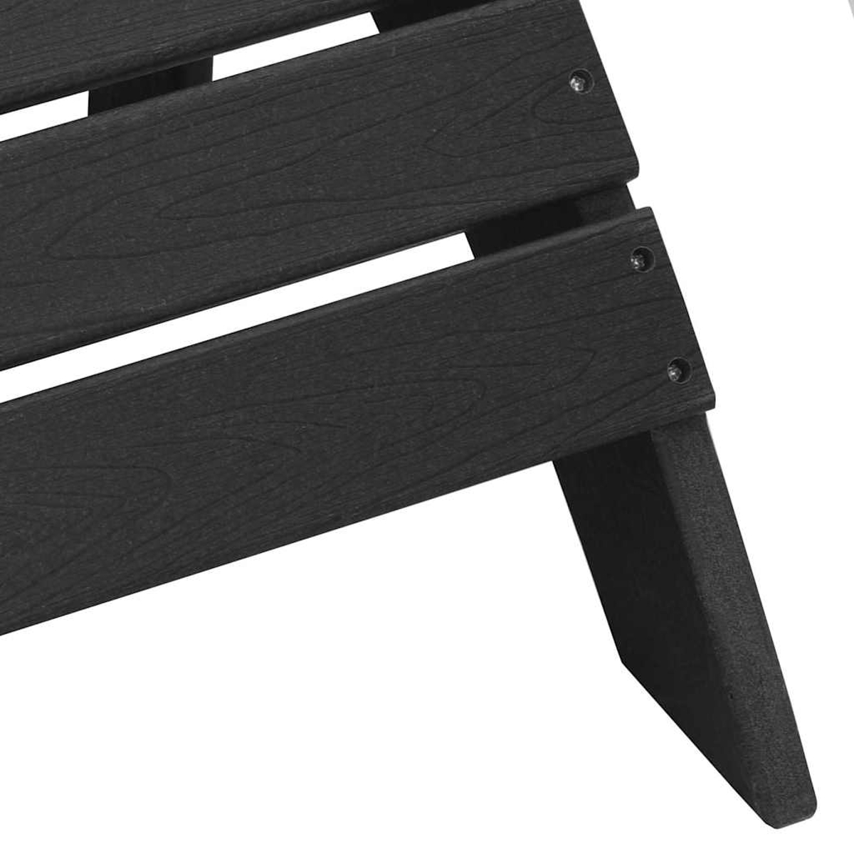 Nahaufnahme eines schwarzen Holzstuhls. Der Stuhl hat horizontale Latten und ein Bein, alles in Dunkelgrau vor weißem Hintergrund.