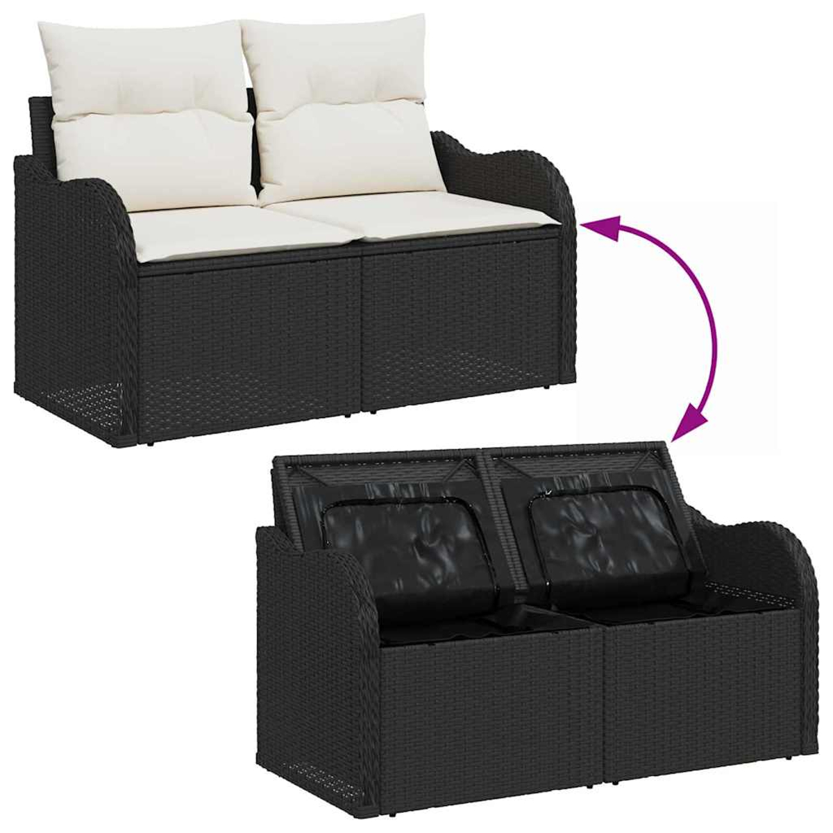 Ein schwarzes Zweisitzer-Sofa aus Korbgeflecht mit weißen Kissen wird gezeigt. Der Sitz hebt sich, um Stauraum freizugeben, mit schwarzen Kissen darunter.