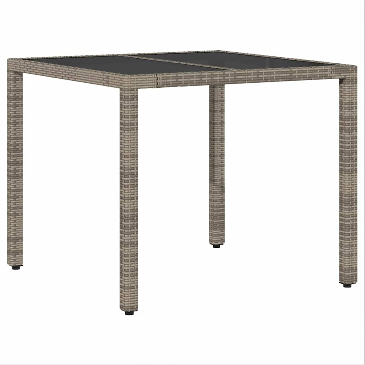 Ein quadratischer Gartentisch mit Webmuster und dunkler Glasplatte. Er hat vier Beine und steht vor weißem Hintergrund.
