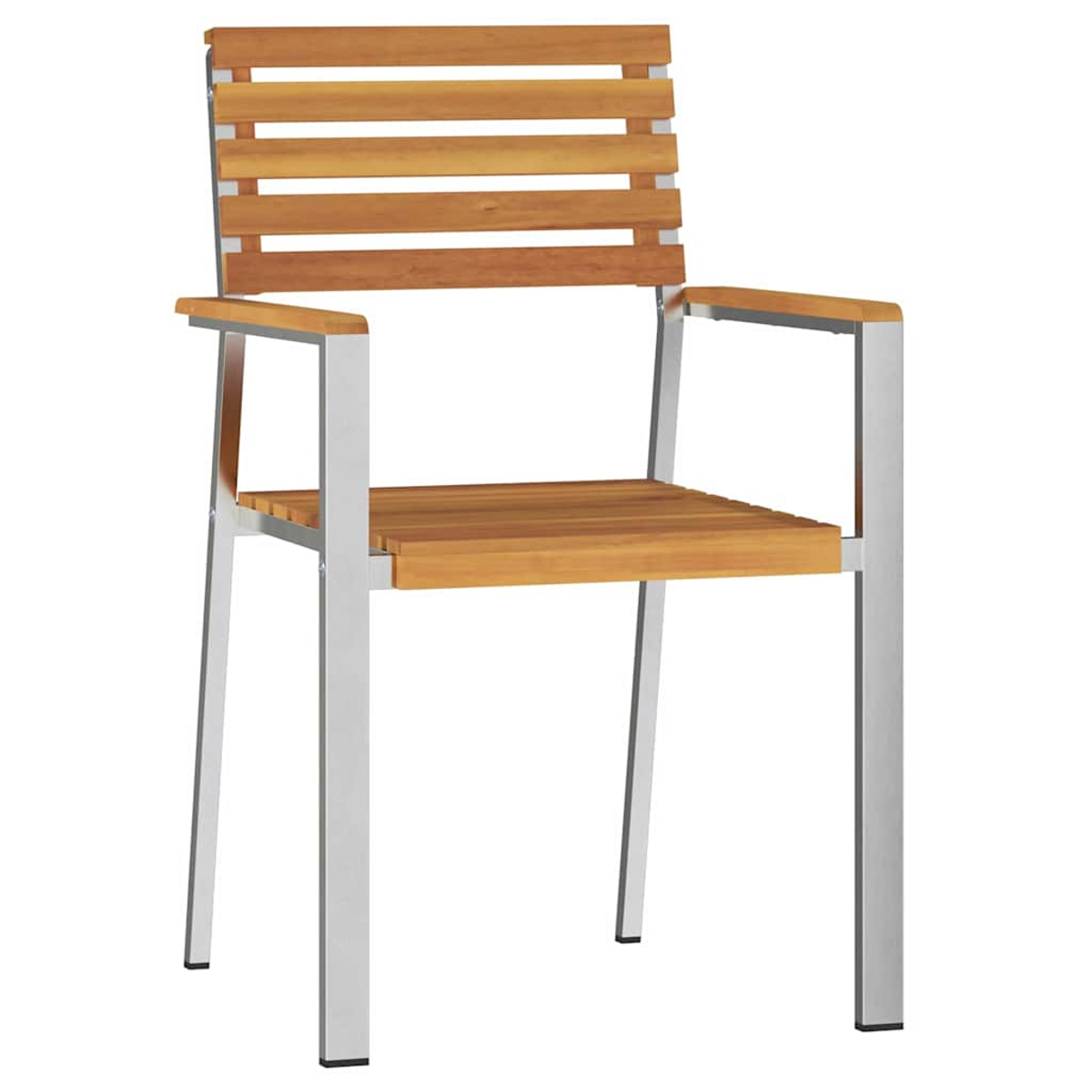 Ein Holzstuhl mit Armlehnen. Der Stuhl hat eine hellbraune Sitzfläche und Rückenlehne mit horizontalen Lamellen. Das Gestell ist silberfarben.