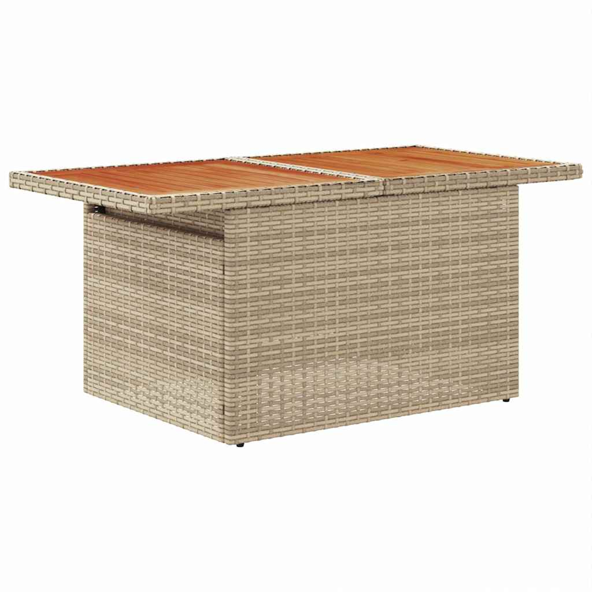 Rechteckiger Couchtisch mit Holzplatte und gewebter Korbgeflechtbasis. Die Oberseite hat zwei Holzabschnitte, beige gewebte Seiten.