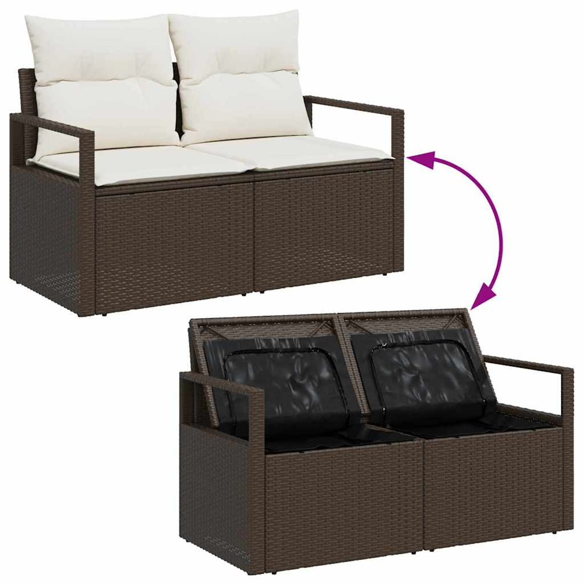 Ein braunes Zweisitzer-Sofa aus Korbgeflecht mit cremefarbenen Kissen. Der Boden zeigt den offenen Stauraum mit schwarzem Futter.