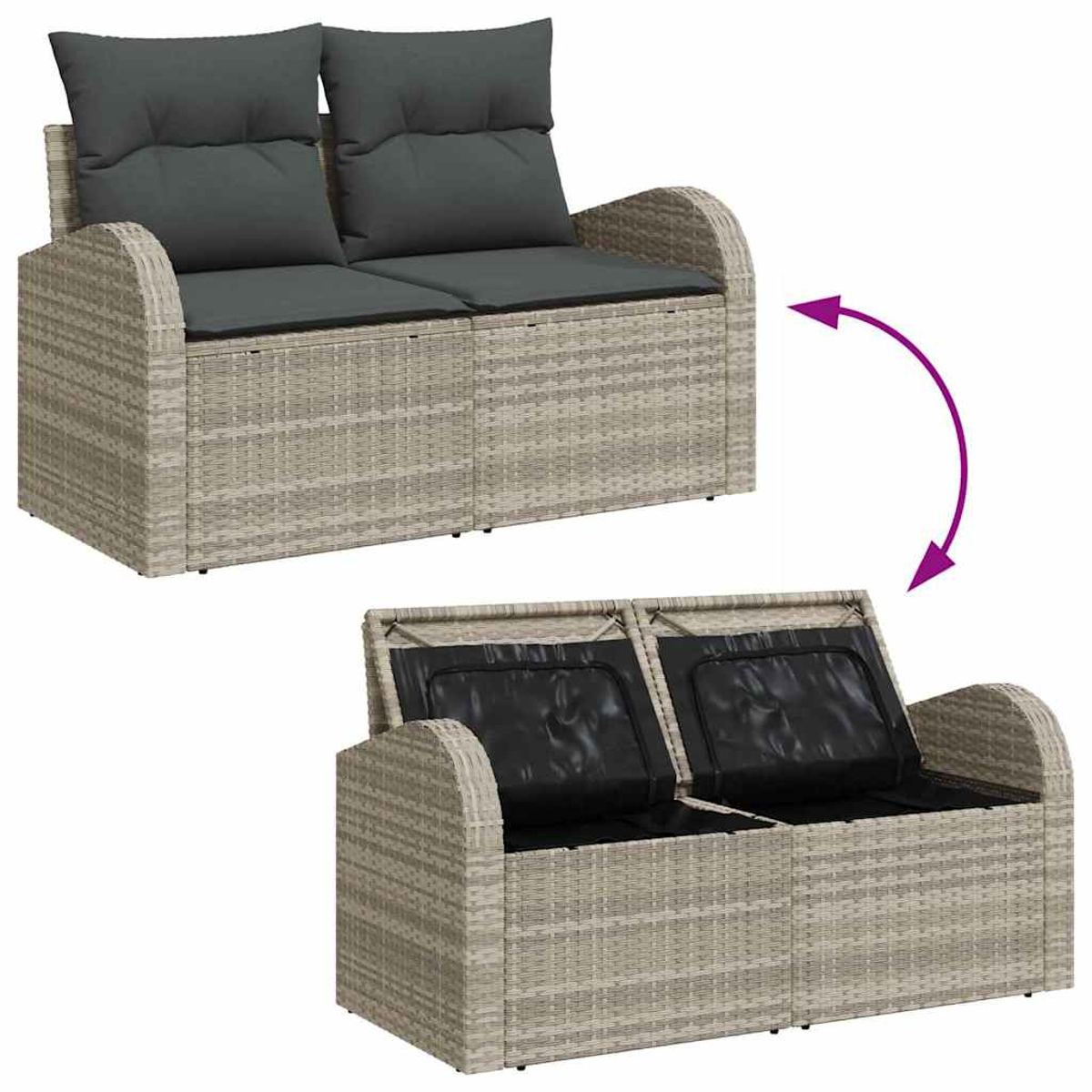 Zweisitzer-Gartensofa aus grauem Korbgeflecht. Oben Kissen, unten offener Stauraum. Lila Pfeil zeigt offen.
