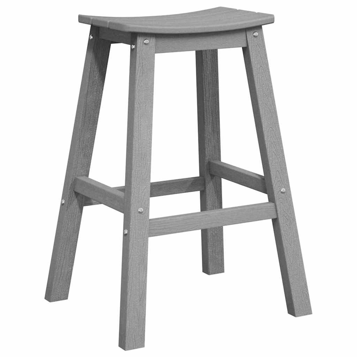 Ein grauer Barhocker mit geschwungener Sitzfläche und vier Beinen. Er besteht aus Holzbrettern. An den Beinen befinden sich Metallschrauben.