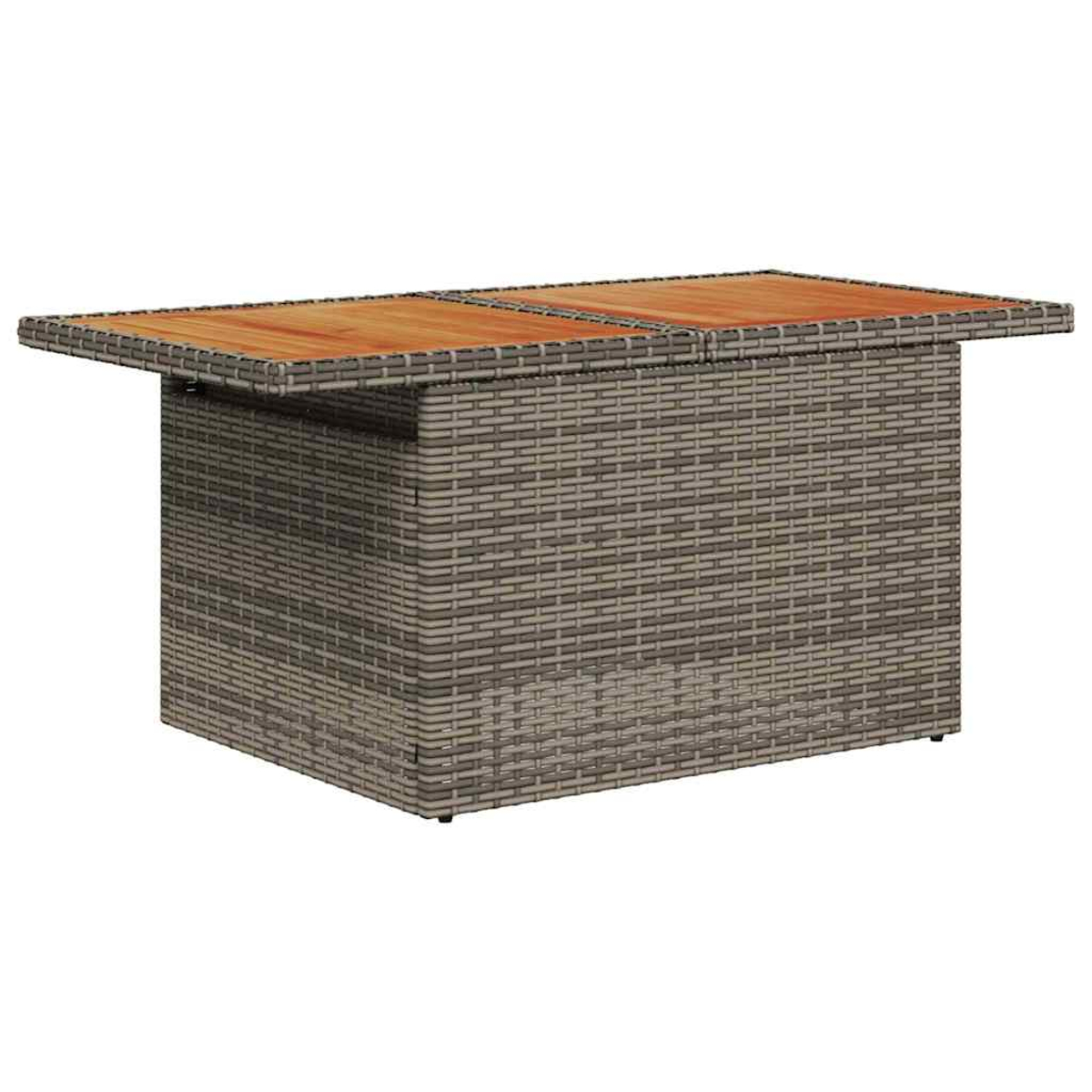 Ein rechteckiger Couchtisch mit gewebter grauer Basis und zwei Holzplatten. Ein Teil der Platte ist angehoben.