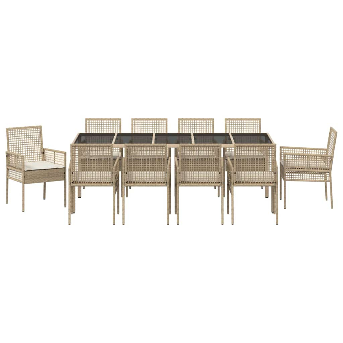 Un juego de comedor de mimbre beige con una mesa rectangular y ocho sillas. La mesa tiene una tapa oscura. Las sillas tienen cojines.
