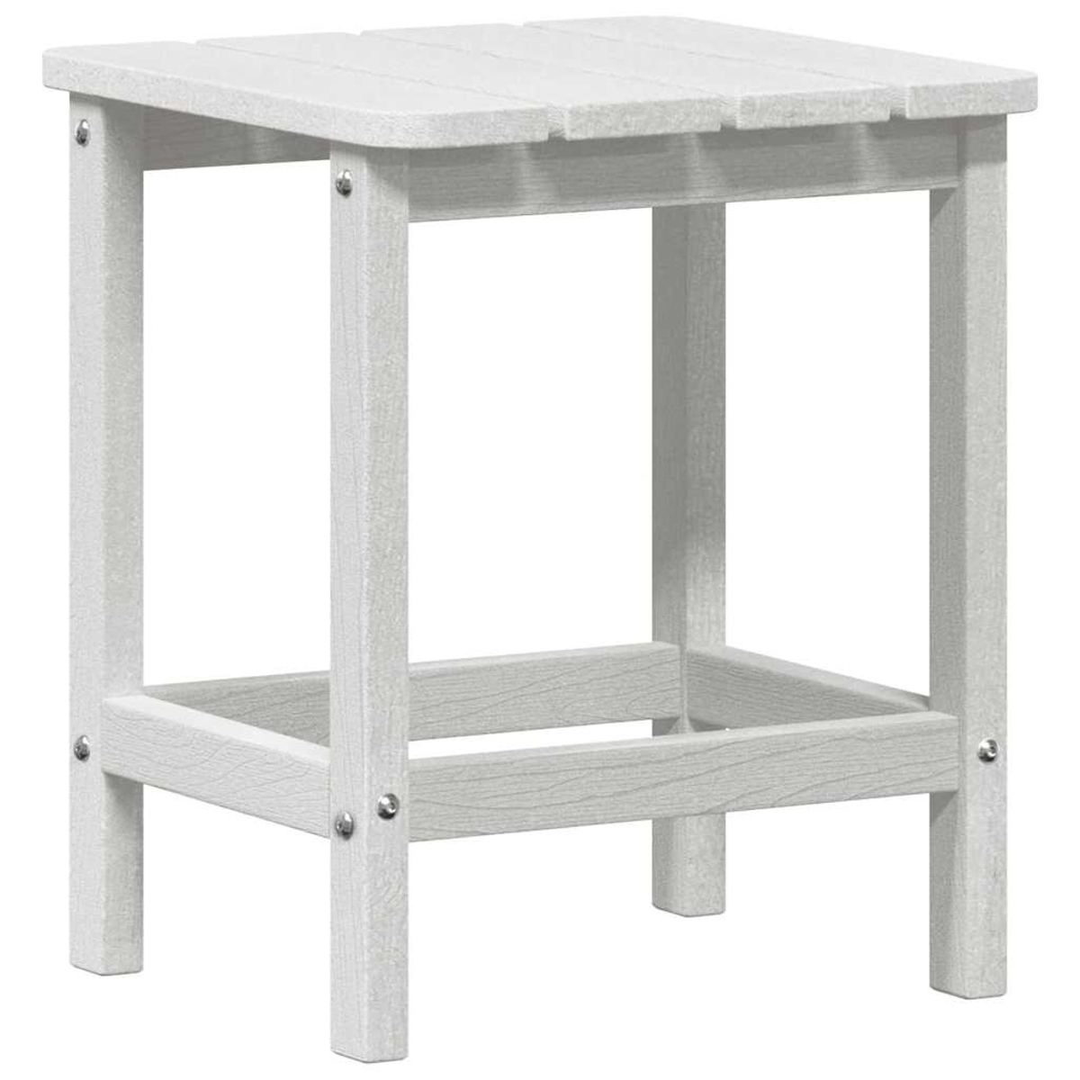 Ein weißer, quadratischer Beistelltisch. Er hat eine Lattenoberfläche und einen rechteckigen Rahmen mit vier Beinen. Der Tisch besteht aus holzähnlichem Material.