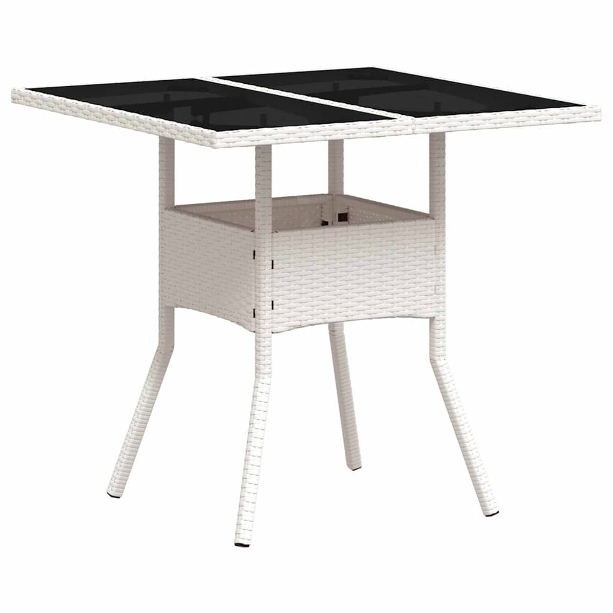 Ein quadratischer, weißer Korbtisch mit schwarzer Glasplatte. Die Beine sind weiß und abgewinkelt. Der Tisch hat einen eingebauten Stauraum.