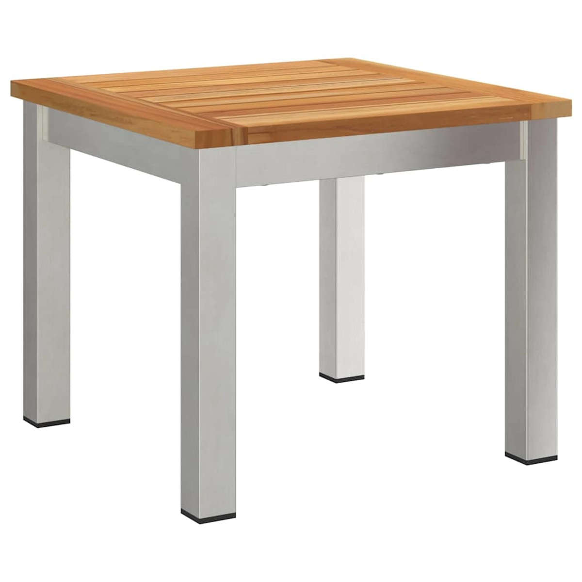 Quadratischer Outdoor-Tisch mit Holzplatte und Metallbeinen. Die Tischplatte besteht aus braunen Holzlatten, die Beine sind silberfarben.