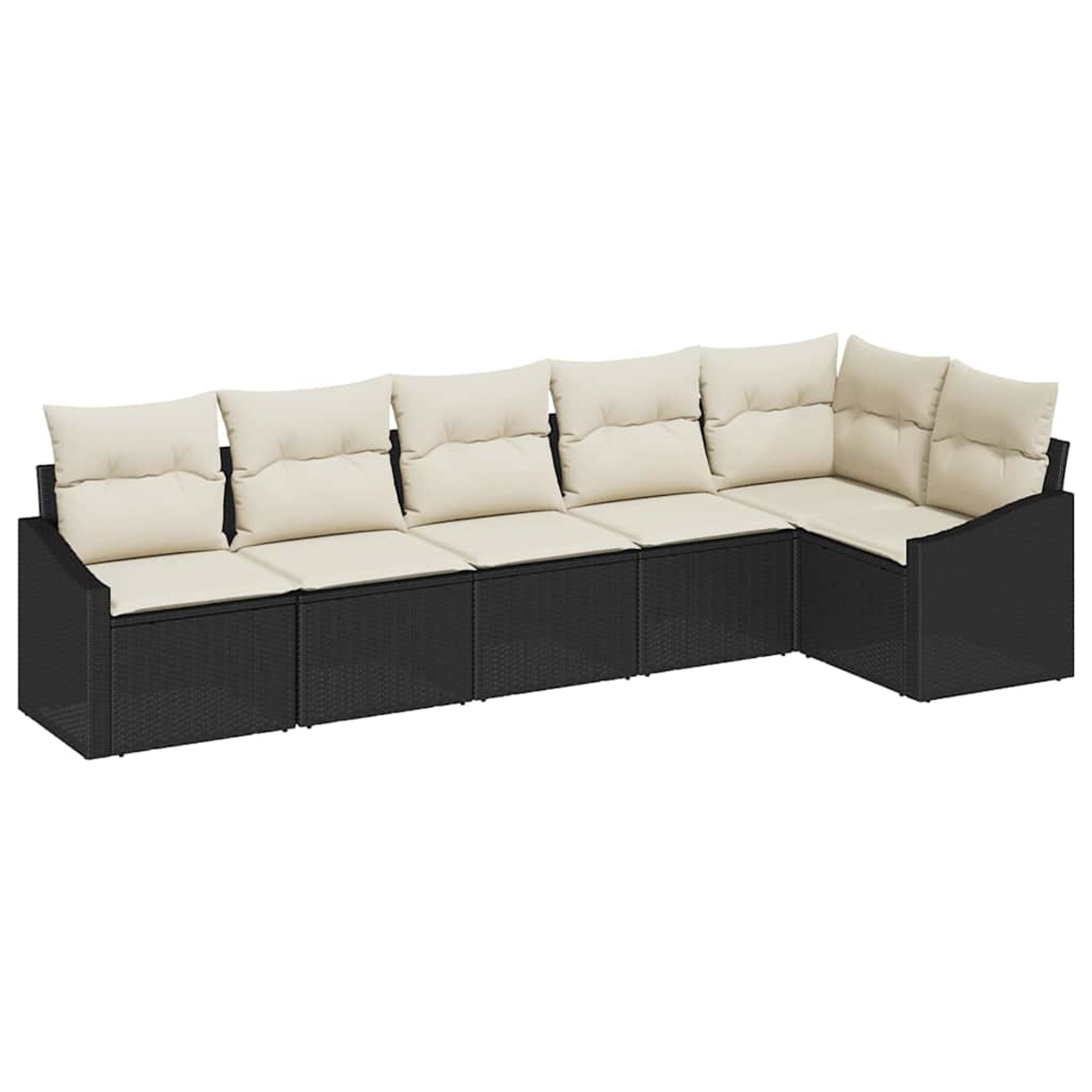 Ein schwarzes Korbsessel-Sofa mit cremefarbenen Kissen vor weißem Hintergrund. Das Sofa ist L-förmig.