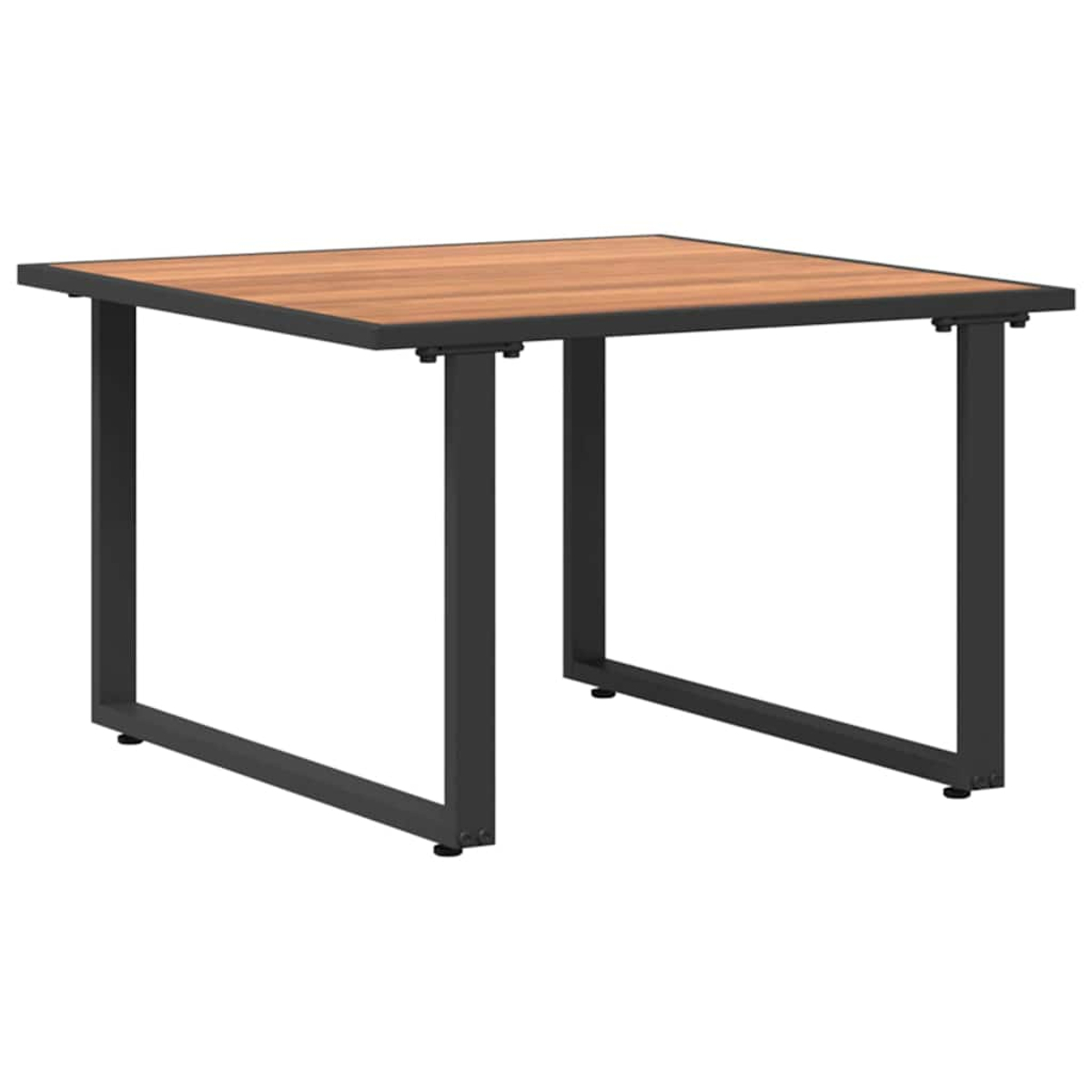 Ein quadratischer Tisch mit Holzplatte und schwarzen Metallbeinen. Der Tisch ist leer, vor weißem Hintergrund.